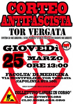 Corteo antifascista a Tor Vergata – Giovedì 25 marzo, ore 13