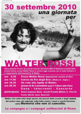 Corteo in ricordo di Walter Rossi. Appuntamento ore 17.00 a p.le degli Eroi